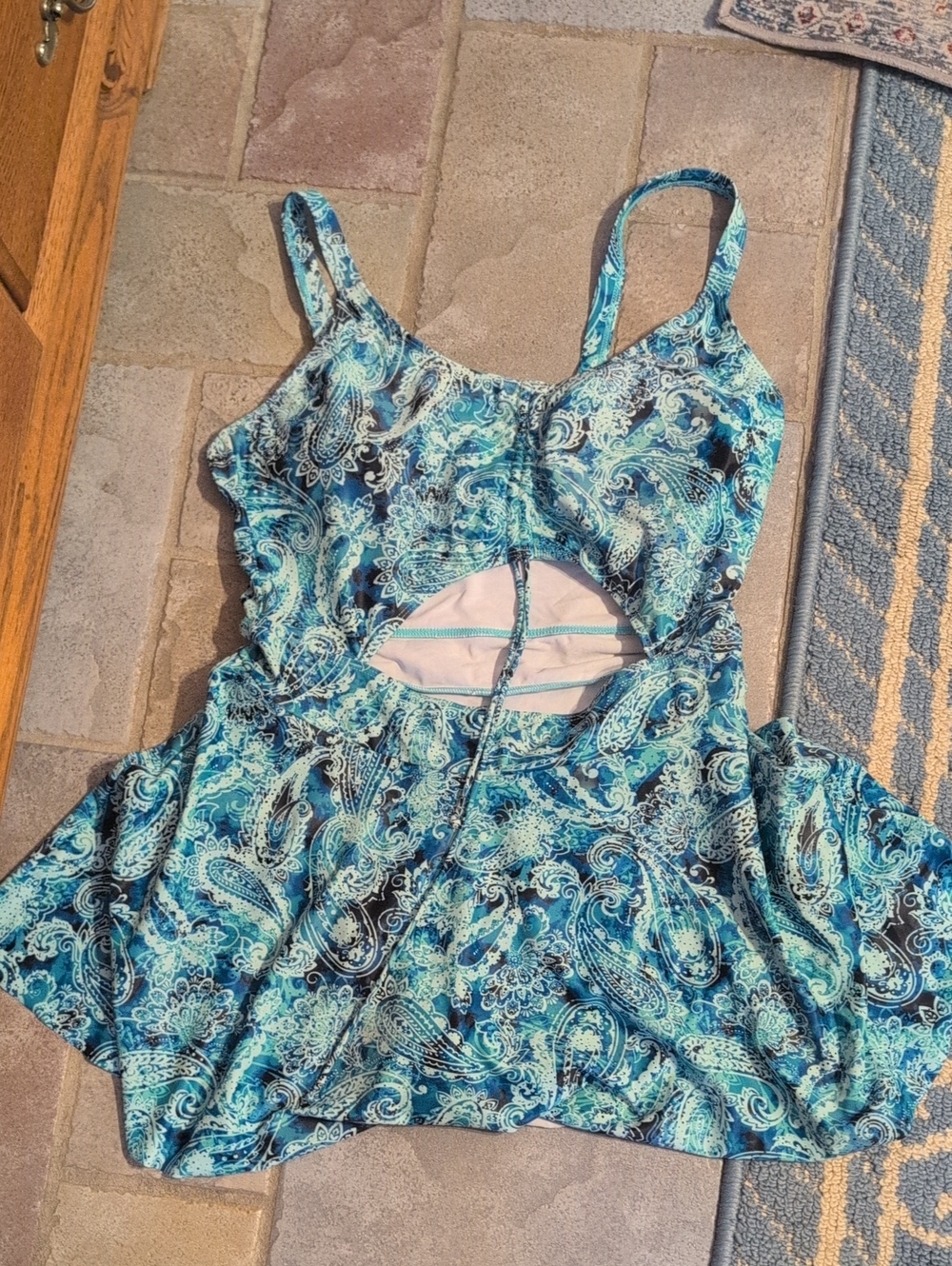 Blue Paisley Woman's One-Piece Swimsuit with Skirted Hem